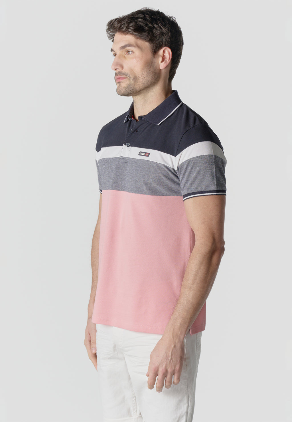 Polo homme piqué rayé color block manches courtes rose - Koroshi 2611PC14