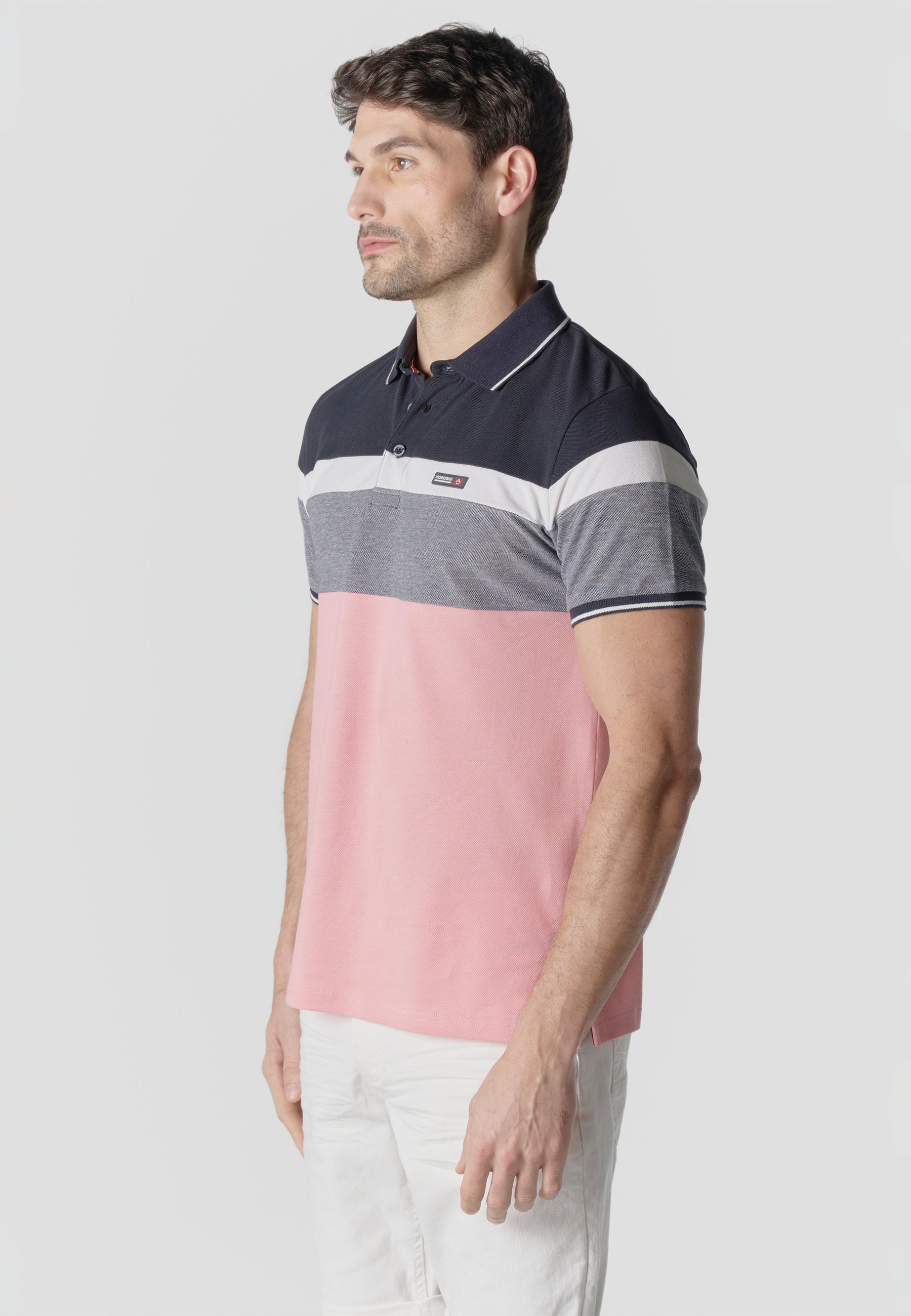 Polo homme piqué rayé color block manches courtes rose - Koroshi 2611PC14