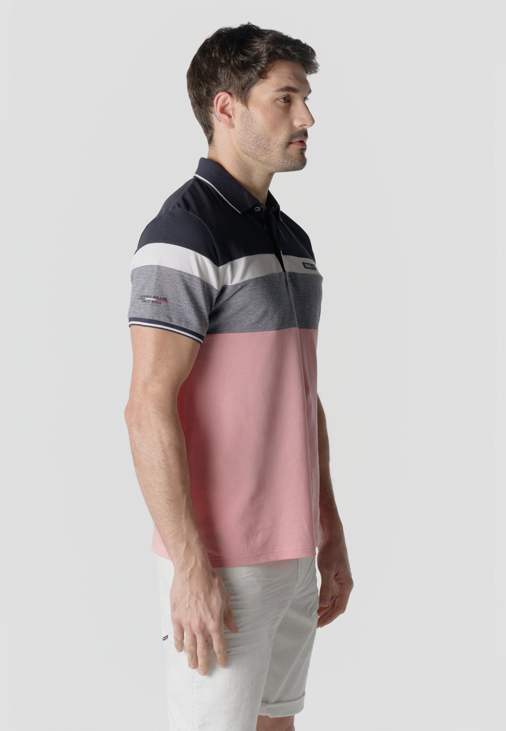 Polo homme piqué rayé color block manches courtes rose - Koroshi 2611PC14