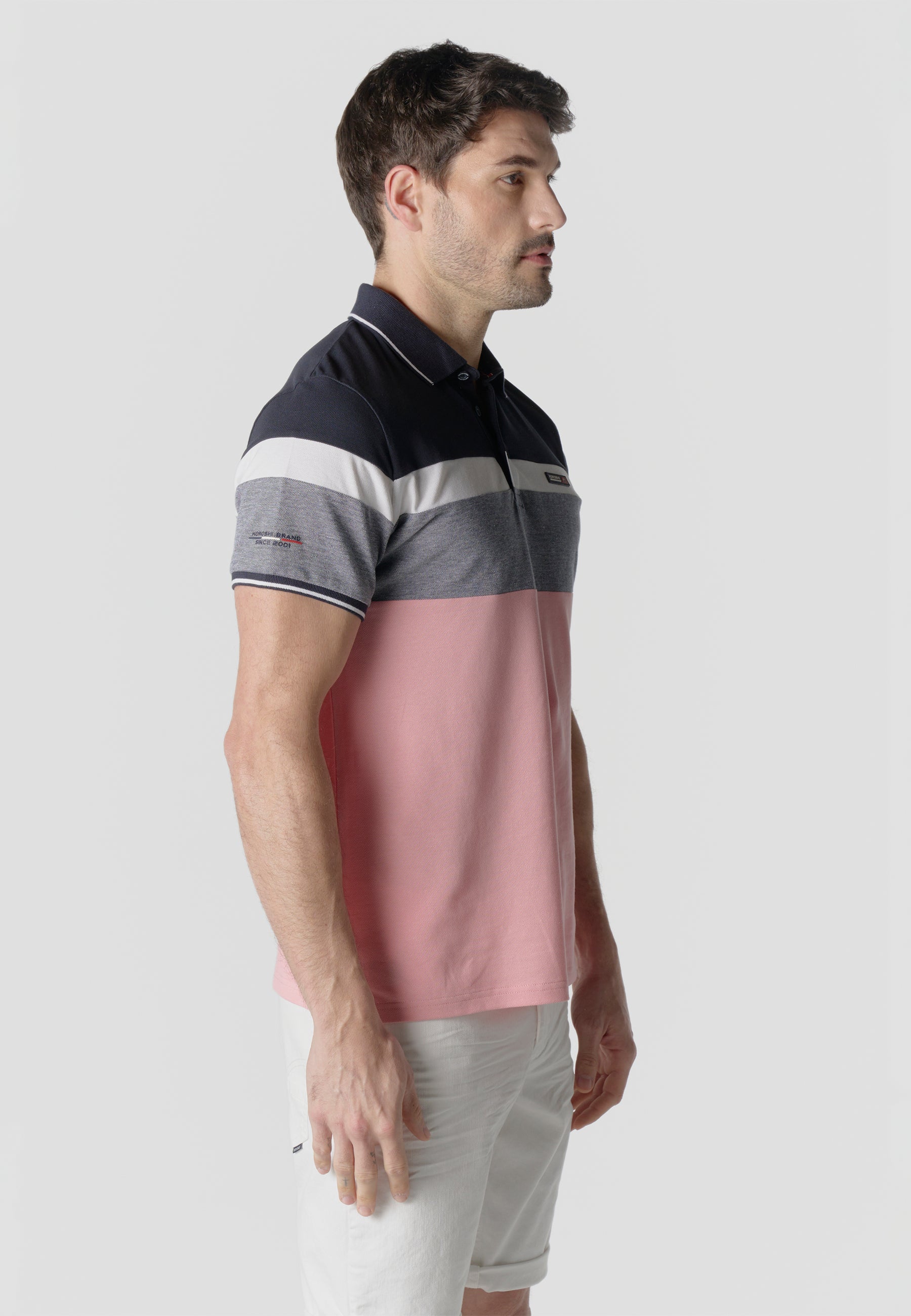 Polo homme piqué rayé color block manches courtes rose - Koroshi 2611PC14