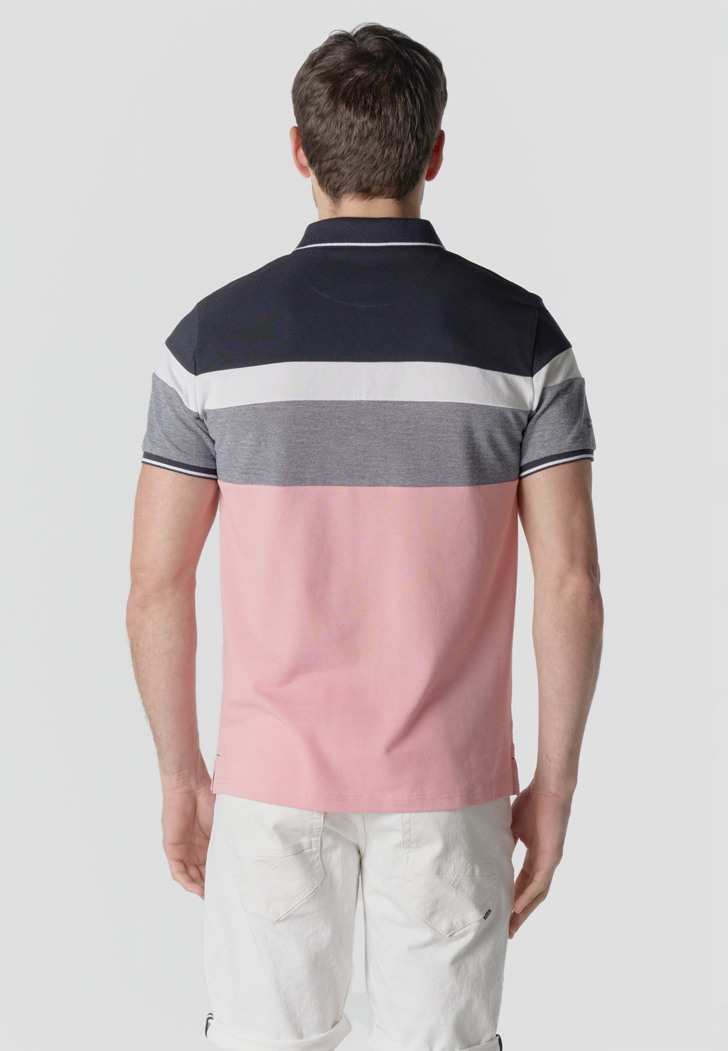 Polo homme piqué rayé color block manches courtes rose - Koroshi 2611PC14