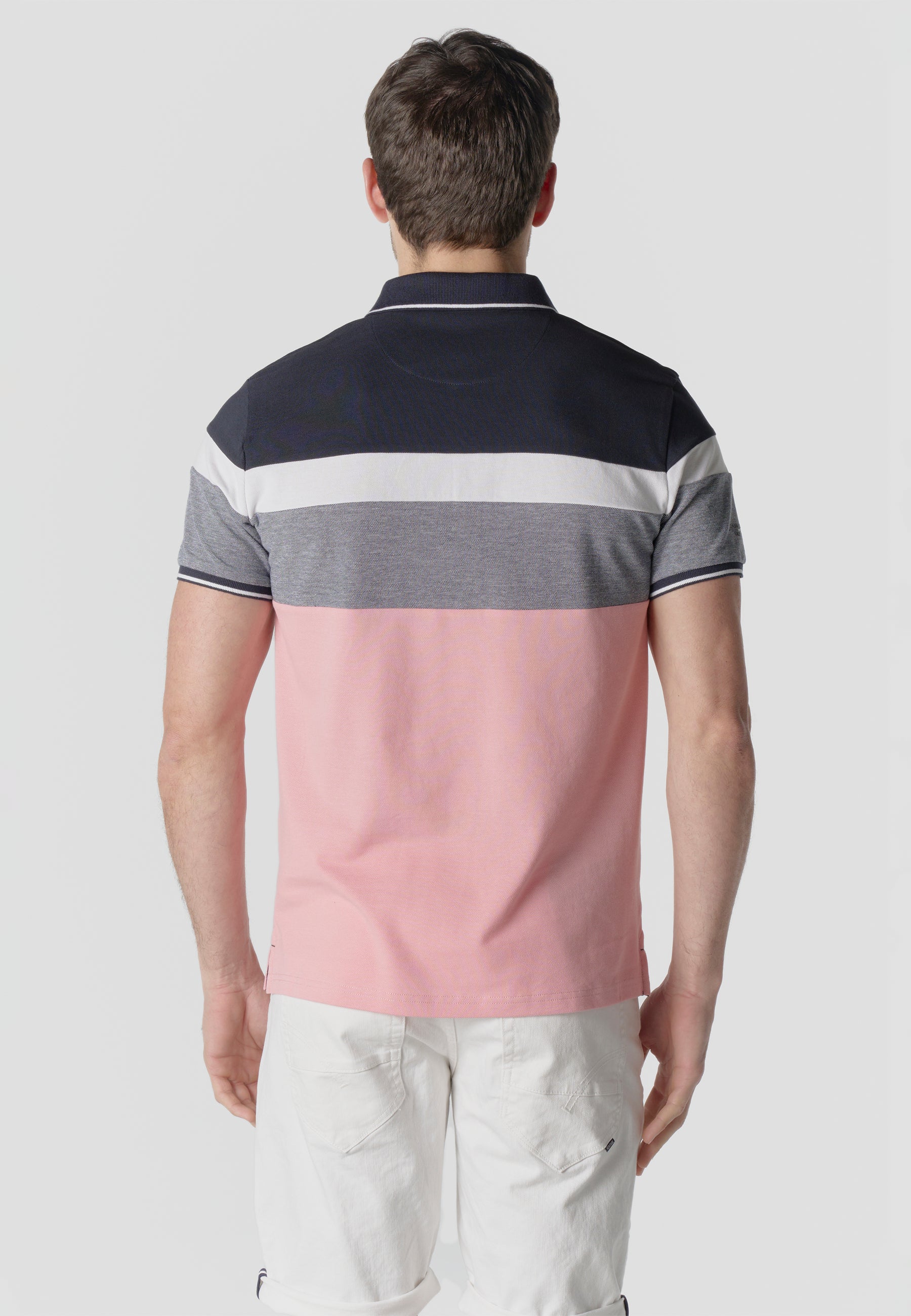 Polo homme piqué rayé color block manches courtes rose - Koroshi 2611PC14