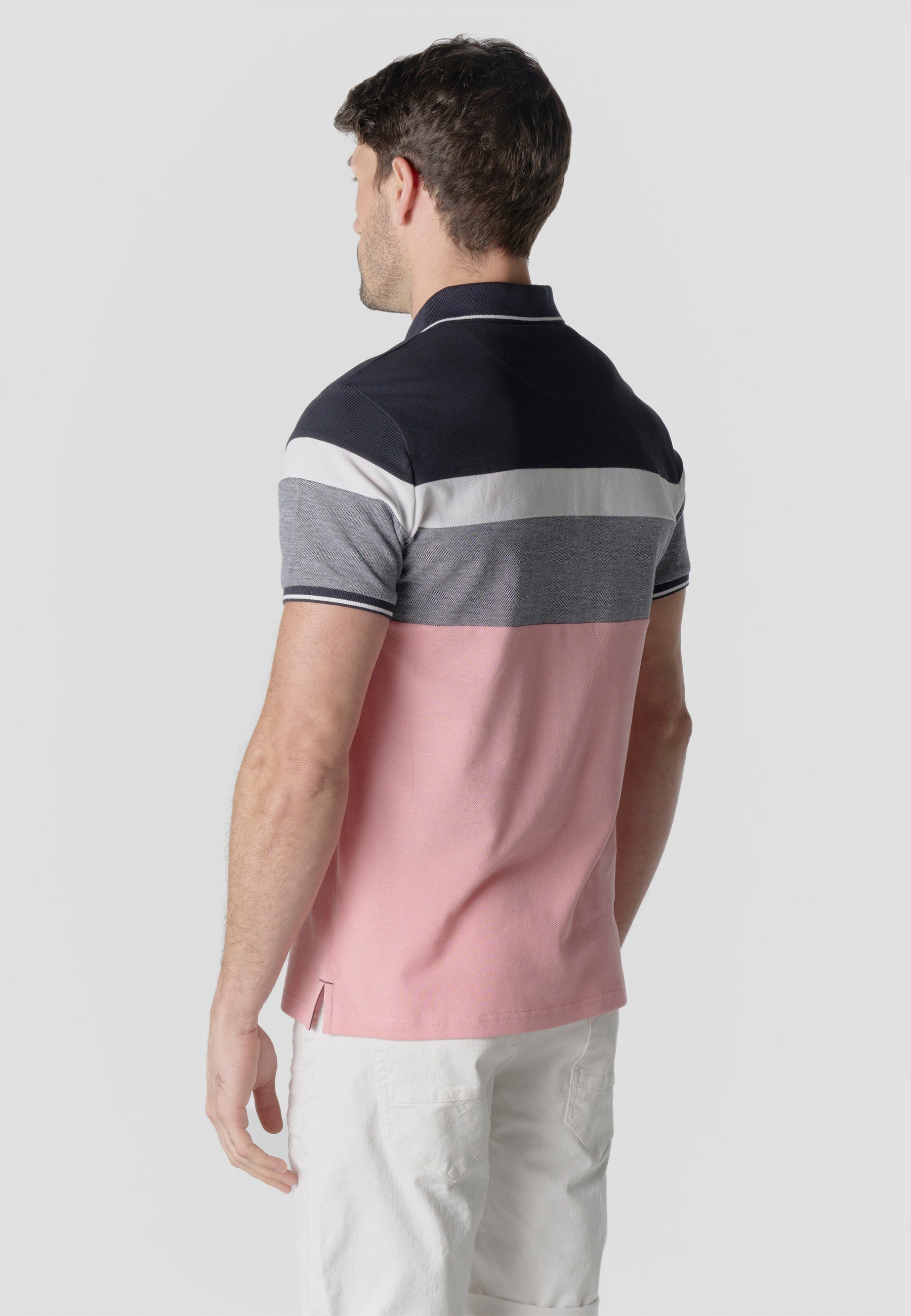 Polo homme piqué rayé color block manches courtes rose - Koroshi 2611PC14