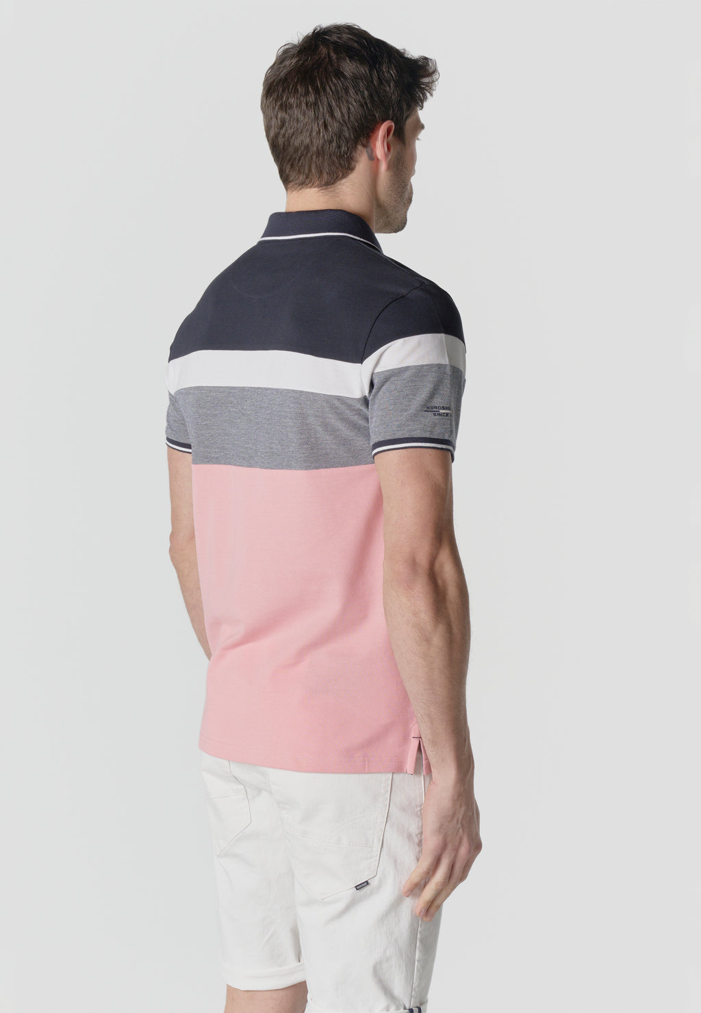 Polo homme piqué rayé color block manches courtes rose - Koroshi 2611PC14