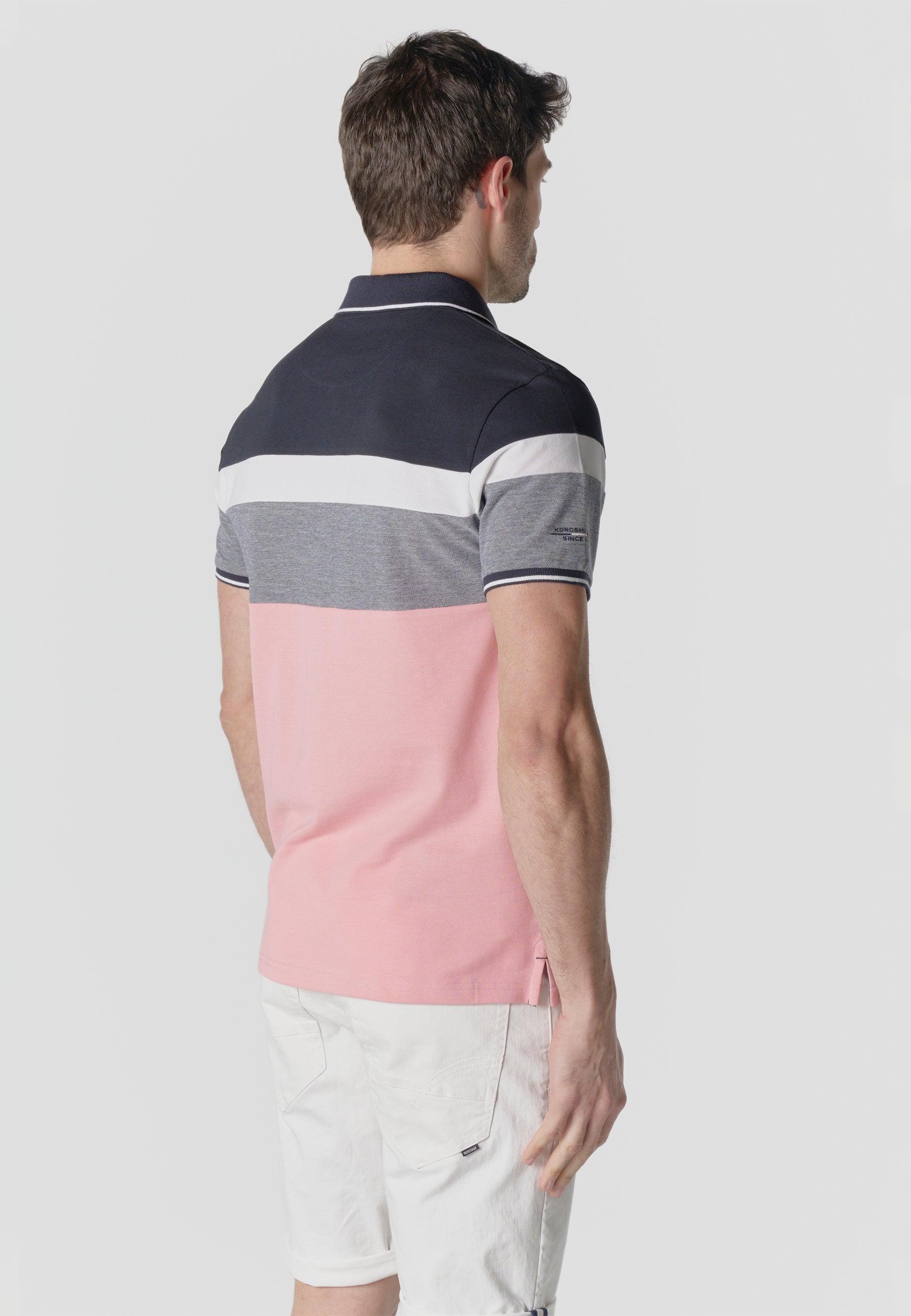 Polo homme piqué rayé color block manches courtes rose - Koroshi 2611PC14