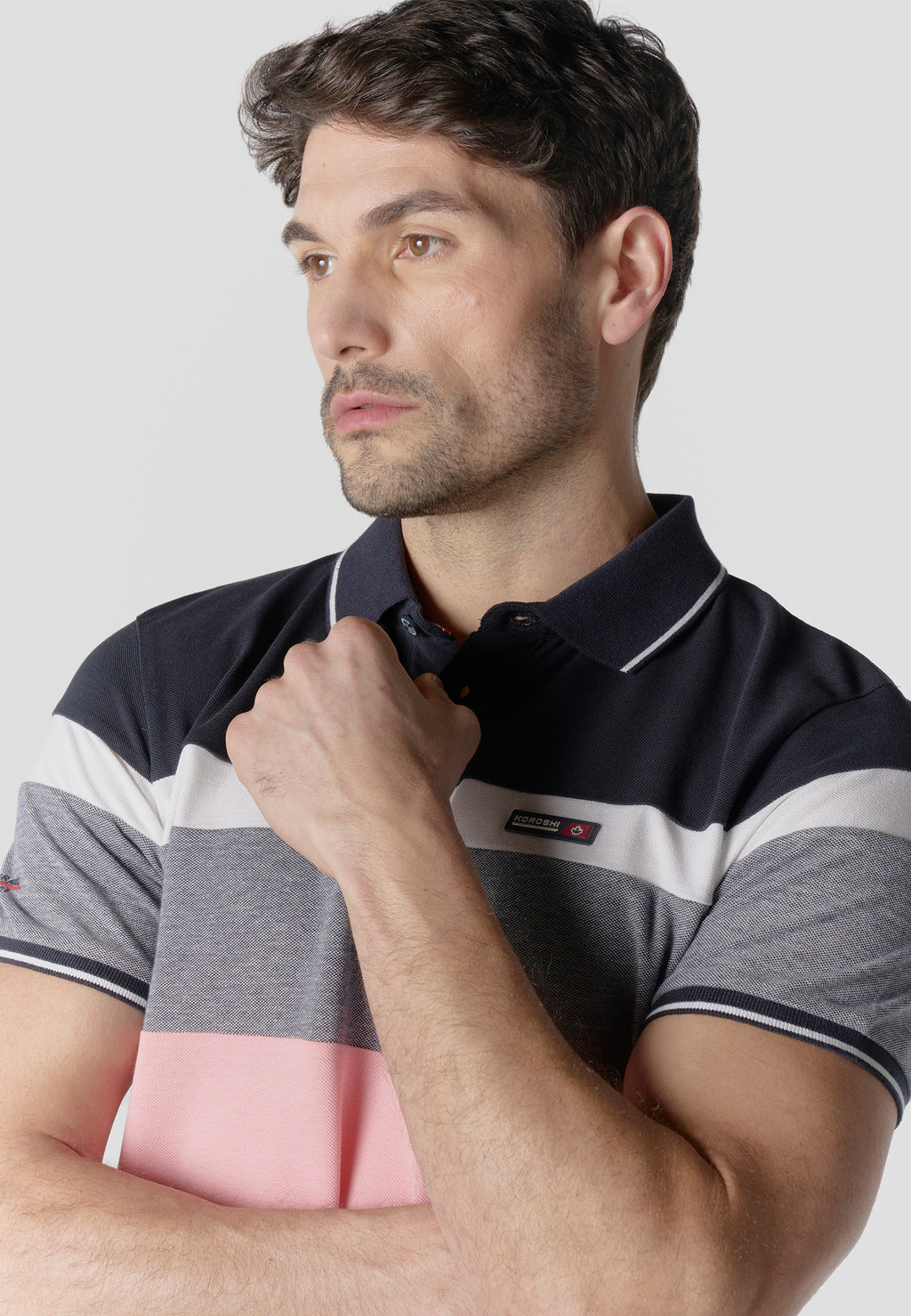 Polo homme piqué rayé color block manches courtes rose - Koroshi 2611PC14