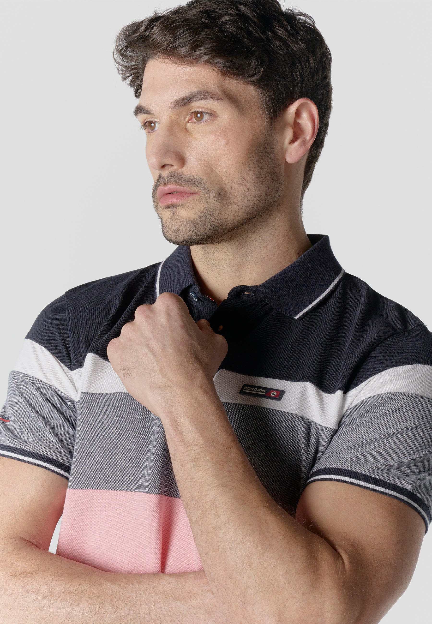 Polo homme piqué rayé color block manches courtes rose - Koroshi 2611PC14