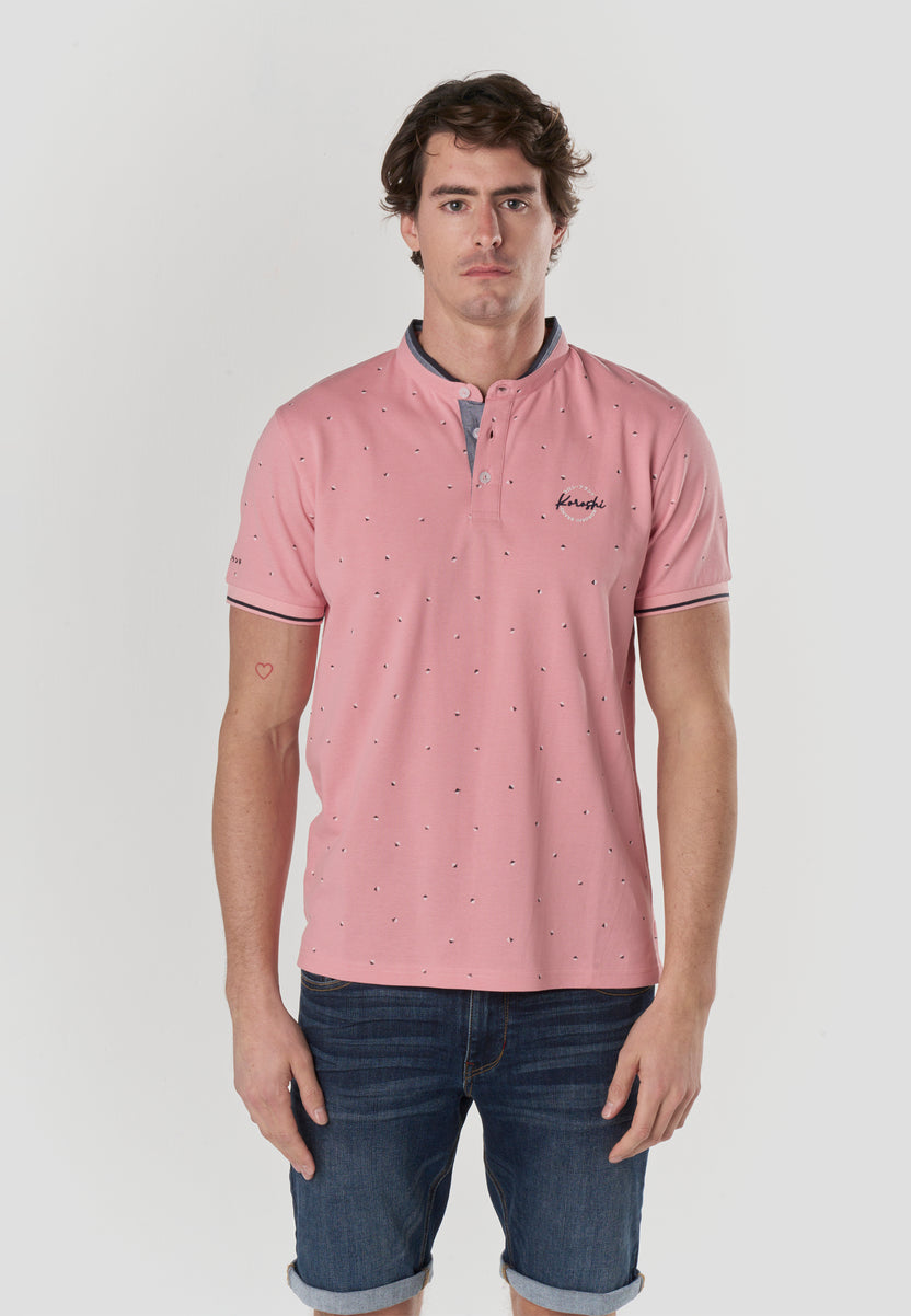 Polo col mao micro imprimé manches courtes pour homme rose - Koroshi 2611PC23