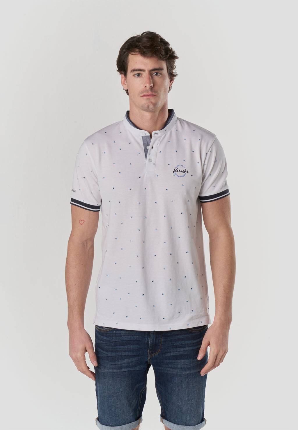Polo col mao micro imprimé manches courtes écru homme - Koroshi 2611PC23
