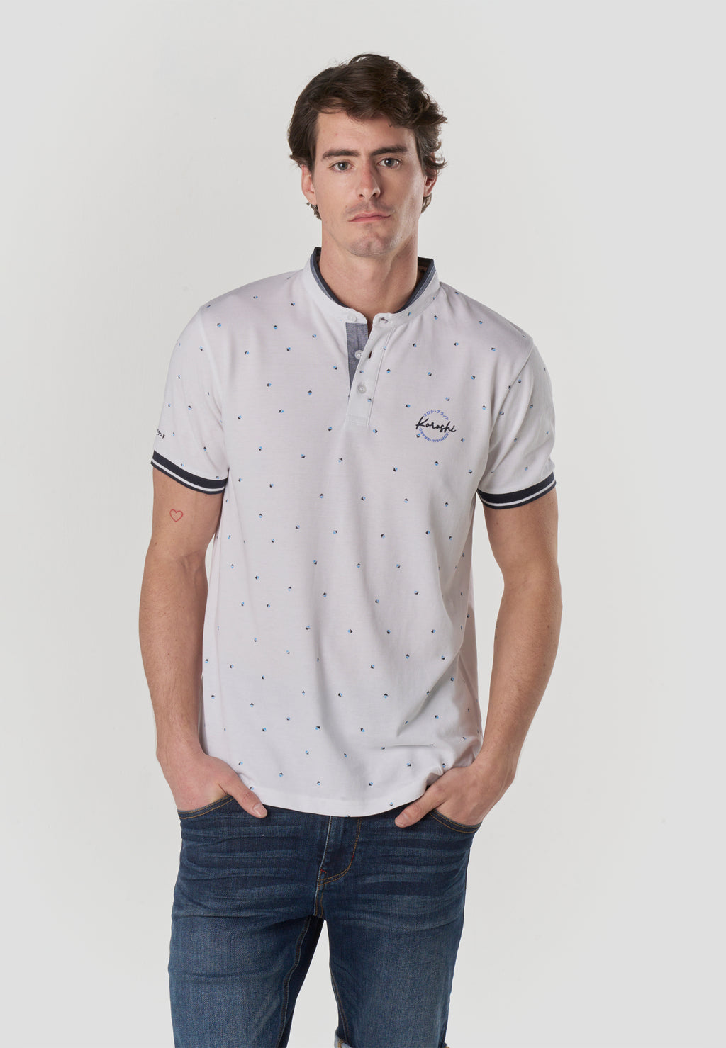 Polo col mao micro imprimé manches courtes écru homme - Koroshi 2611PC23