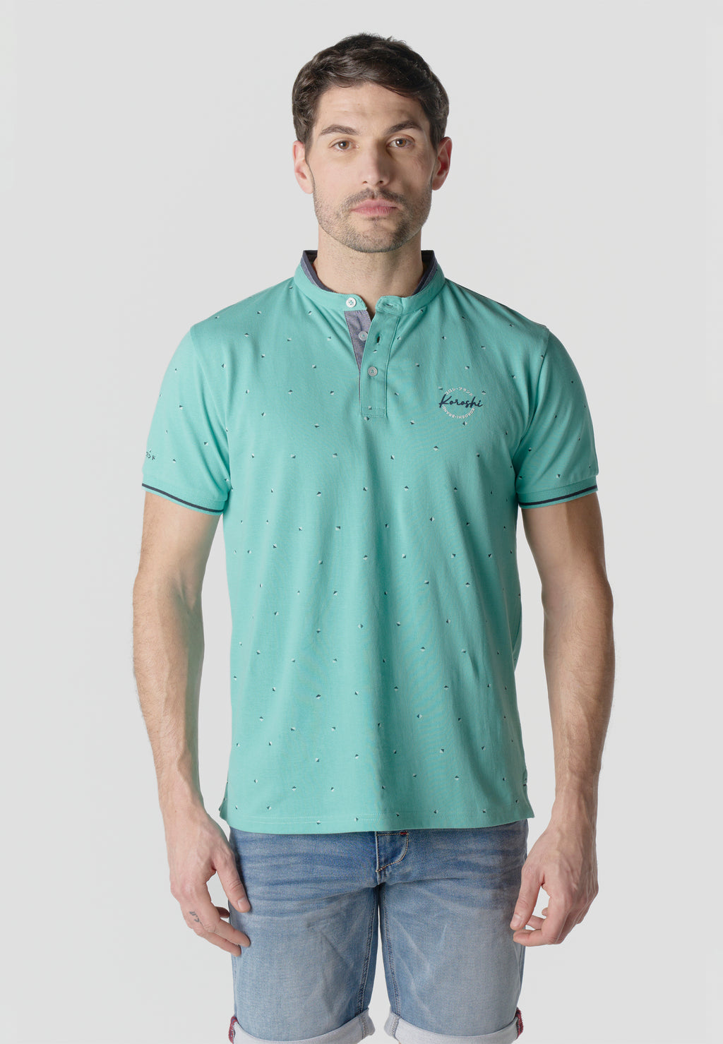 Pol coll mao micro estampat màniga curta home menta - Koroshi 2611PC23
