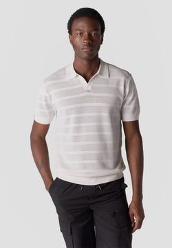 Polo tricoté ajouré rayé col ouvert manches courtes homme écru - Koroshi 2611PC41