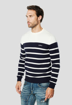 Gestreifter Matrosen-Strickpullover mit Rundhalsausschnitt für Herren, Marineblau – Koroshi 2611TR25