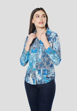 Camisa manga larga estampado cachemir mujer azul - Koroshi 2612BL05