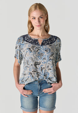 Blue floral print round neck short sleeve blouse for women - Koroshi 2612BL16