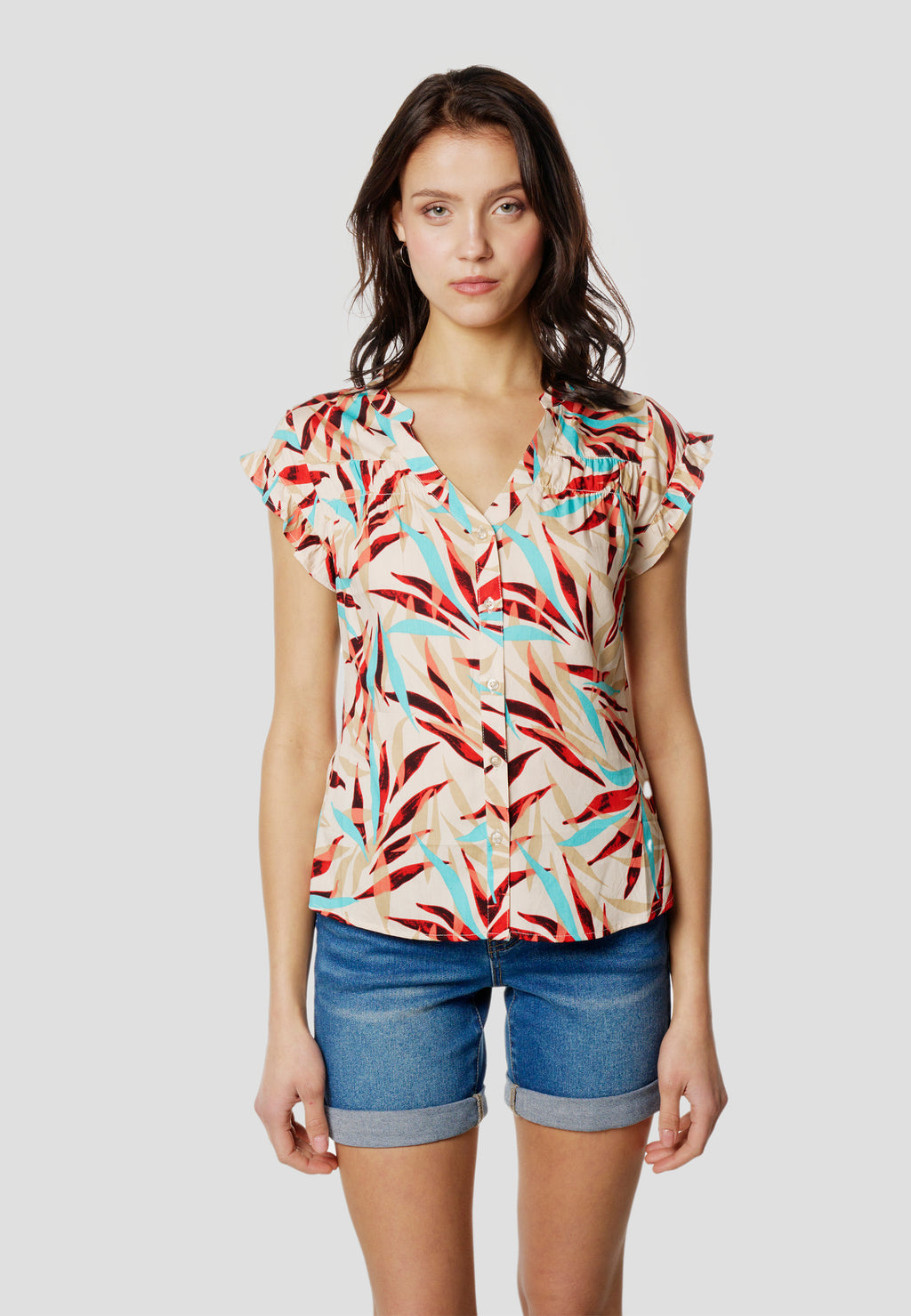 Blouse femme multicolore imprimé col V manches courtes à volants - Koroshi 2612BL35