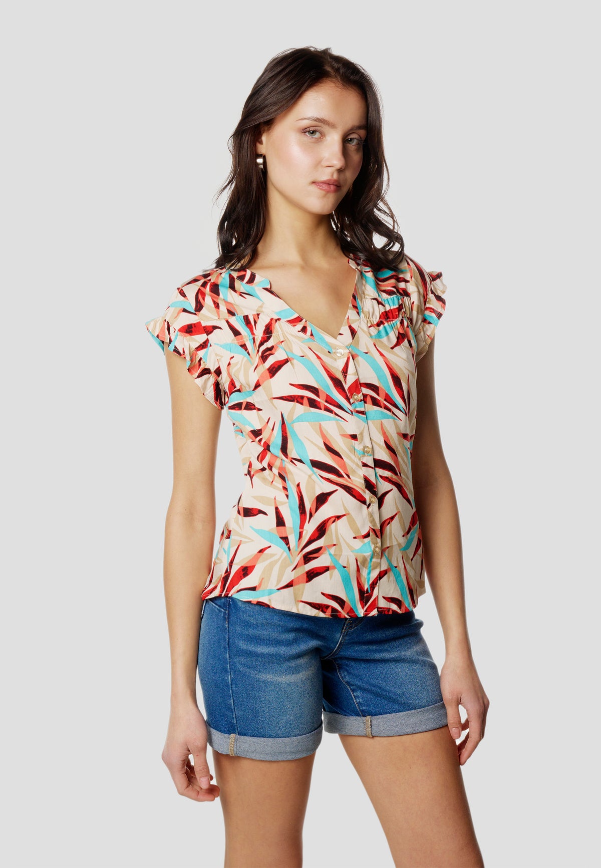Blouse femme multicolore imprimé col V manches courtes à volants - Koroshi 2612BL35
