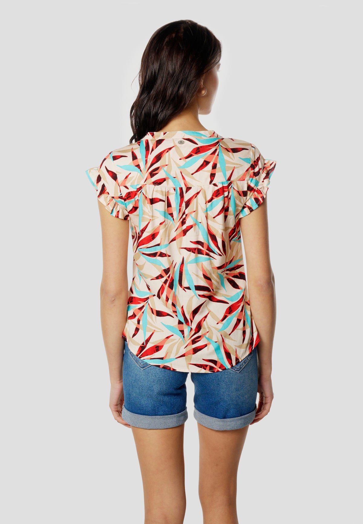 Blouse femme multicolore imprimé col V manches courtes à volants - Koroshi 2612BL35