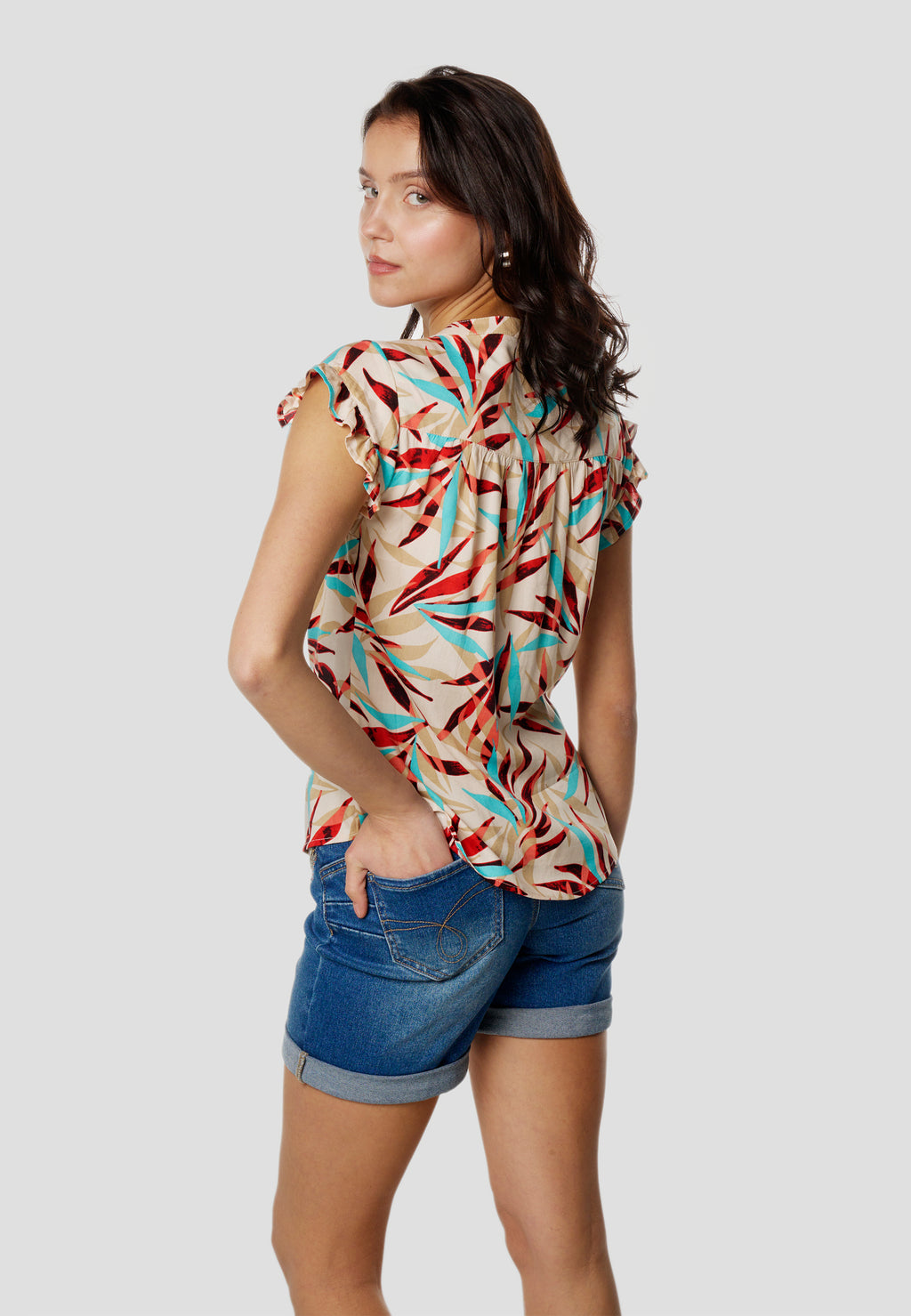 Blouse femme multicolore imprimé col V manches courtes à volants - Koroshi 2612BL35