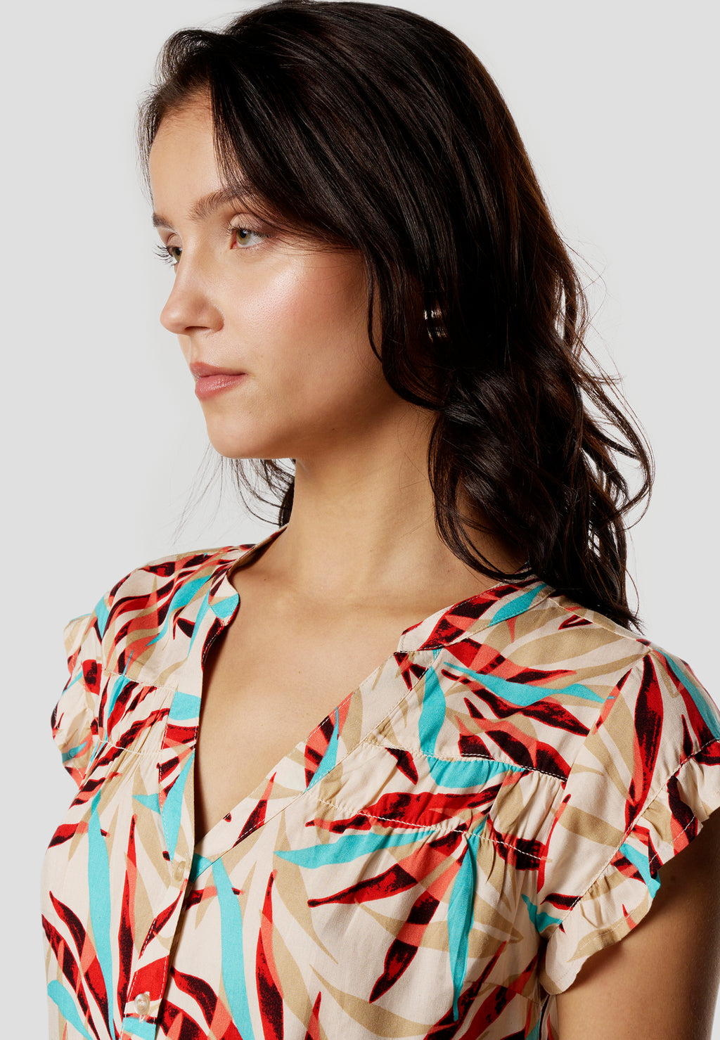 Blouse femme multicolore imprimé col V manches courtes à volants - Koroshi 2612BL35