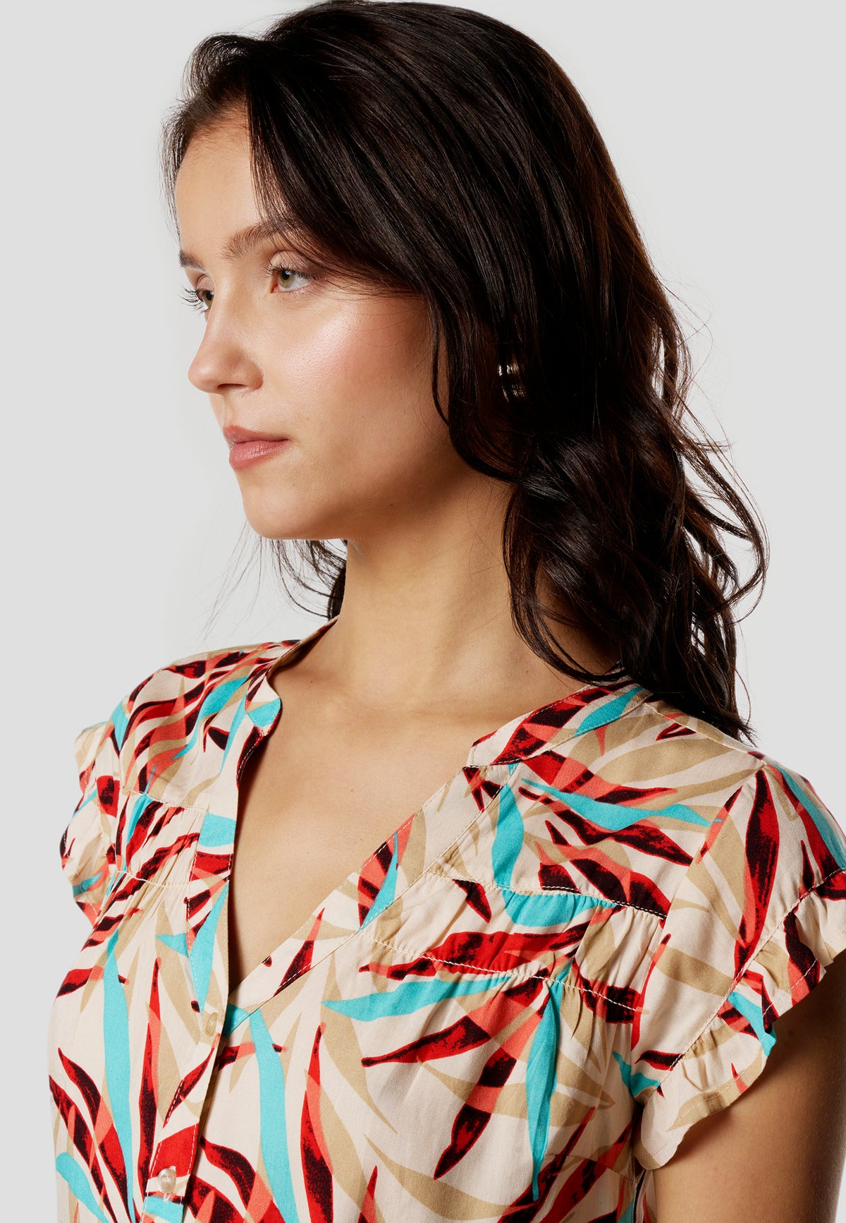 Blouse femme multicolore imprimé col V manches courtes à volants - Koroshi 2612BL35
