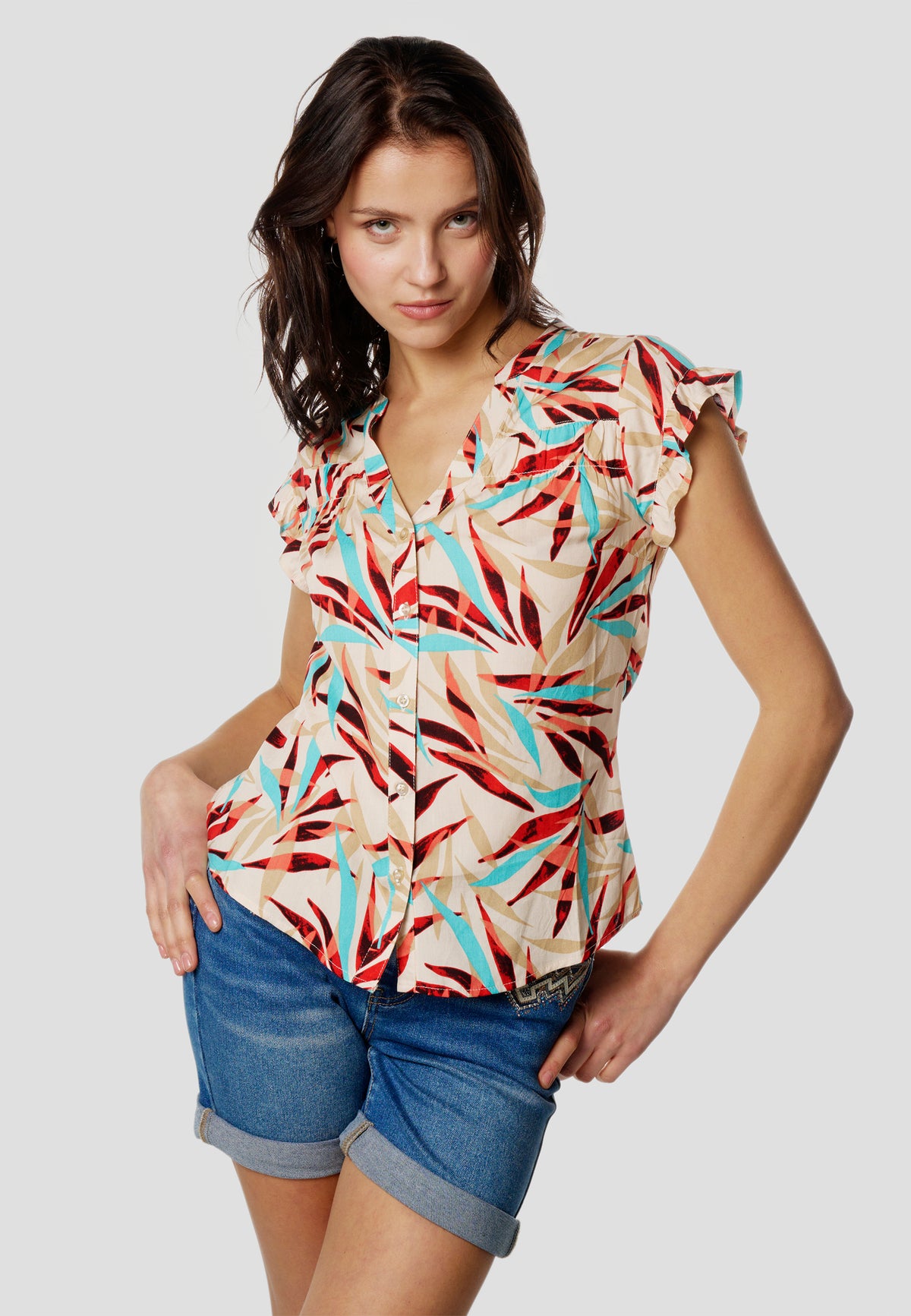 Blouse femme multicolore imprimé col V manches courtes à volants - Koroshi 2612BL35