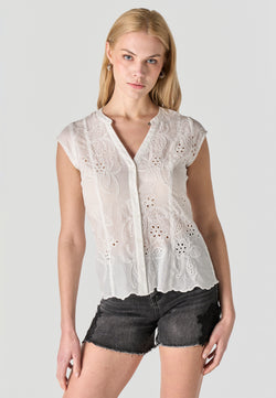 Women's white V-neck English embroidery short sleeve blouse - Koroshi 2612BL36