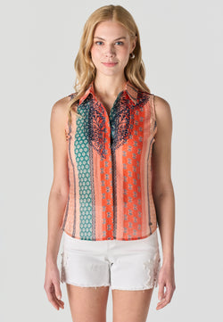 Multicolor women's printed shirt collar sleeveless shirt - Koroshi 2612BL75