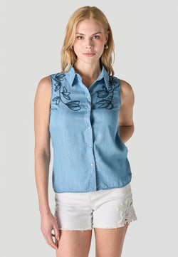 Blusa sin mangas bordada efecto denim mujer azul - Koroshi 2612BL77
