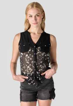 Women's butterfly print sleeveless blouse black - Koroshi 2612BL81