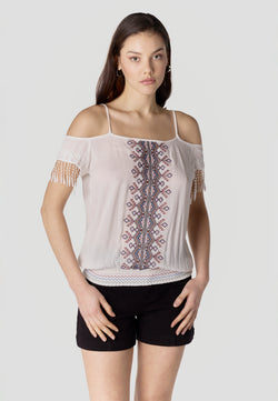White embroidered viscose off-shoulder blouse for women - Koroshi 2612BL96