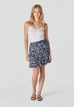 Gonna corta in chiffon stampato con volant da donna navy - Koroshi 2612FA28