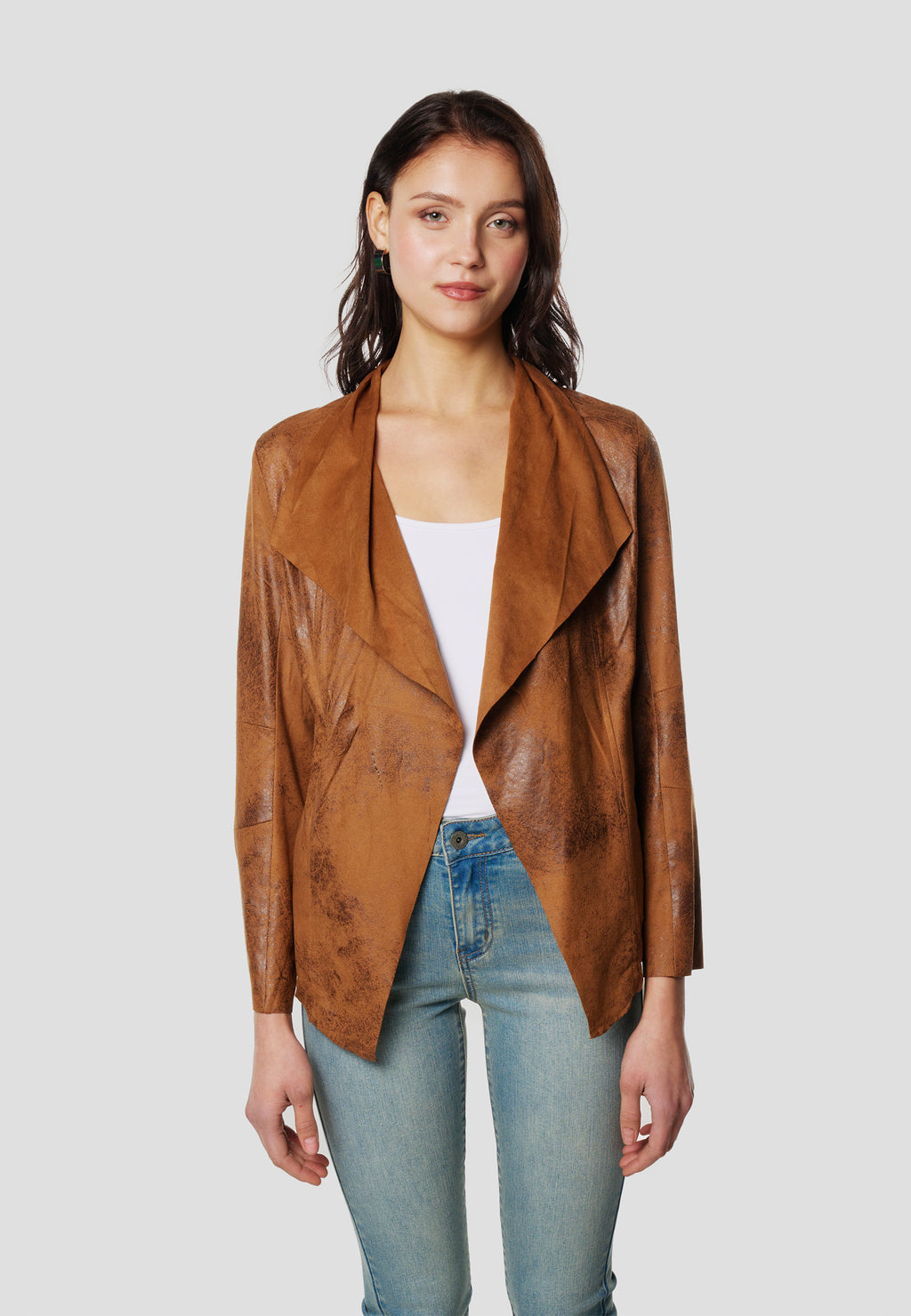 Blouson ouvert effet cuir femme marron manches longues col cascade - Koroshi 2612JA16