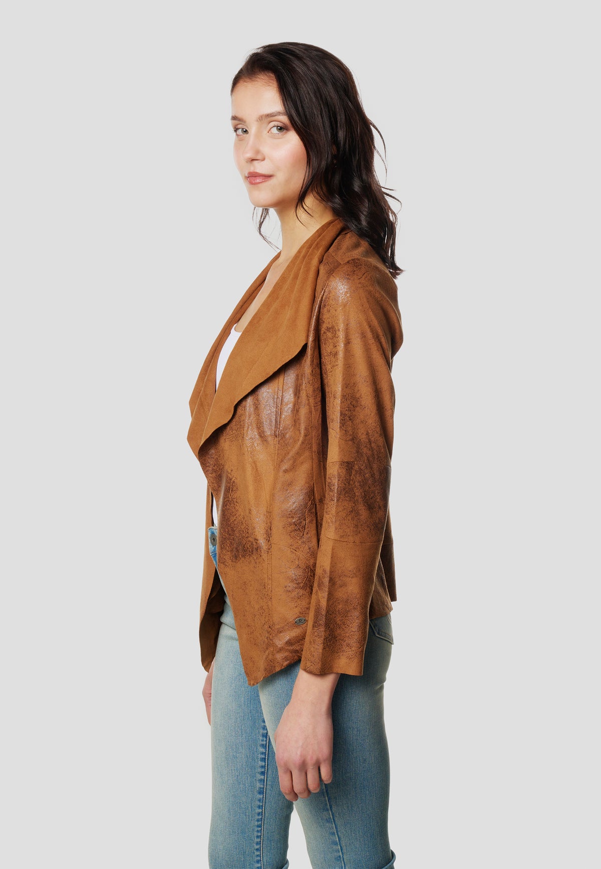 Blouson ouvert effet cuir femme marron manches longues col cascade - Koroshi 2612JA16