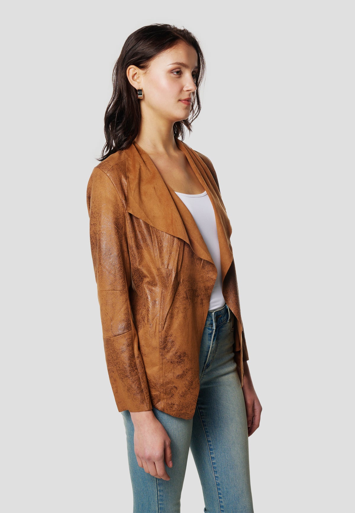 Blouson ouvert effet cuir femme marron manches longues col cascade - Koroshi 2612JA16