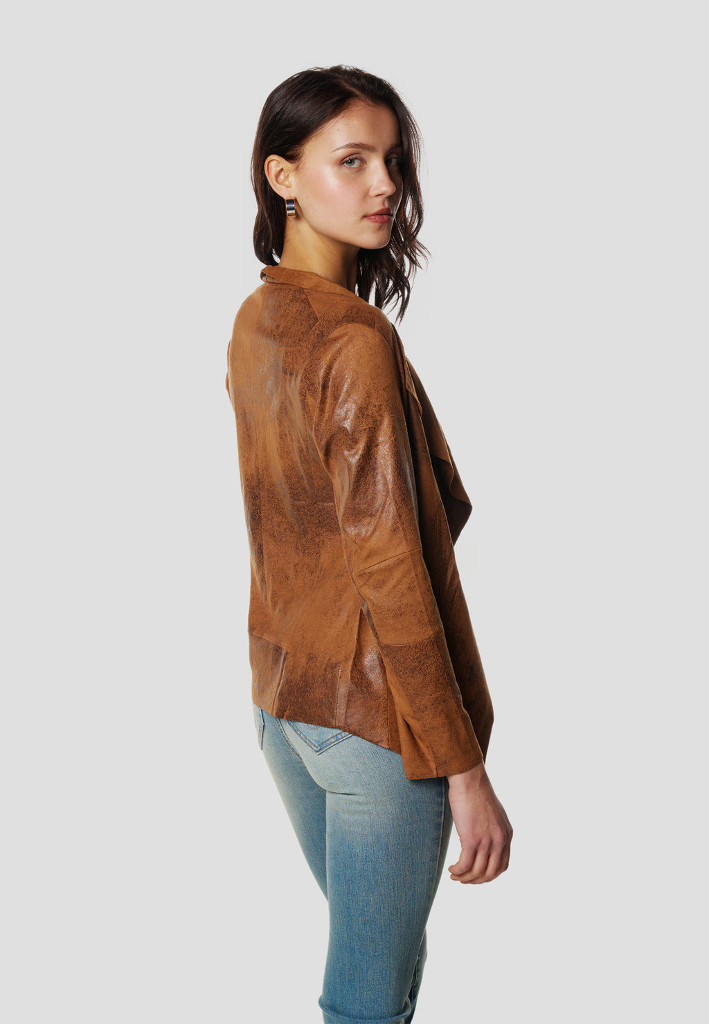 Blouson ouvert effet cuir femme marron manches longues col cascade - Koroshi 2612JA16