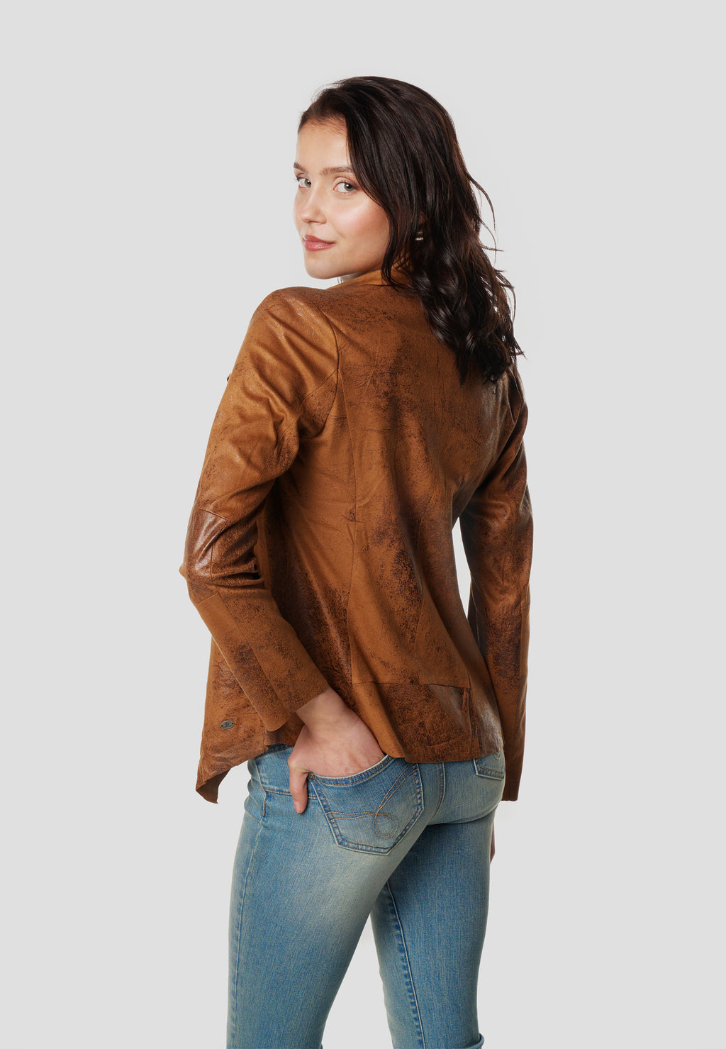 Blouson ouvert effet cuir femme marron manches longues col cascade - Koroshi 2612JA16