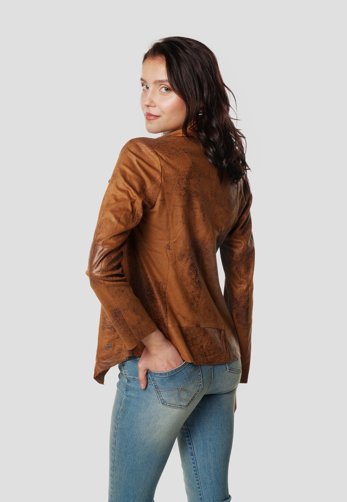 Blouson ouvert effet cuir femme marron manches longues col cascade - Koroshi 2612JA16