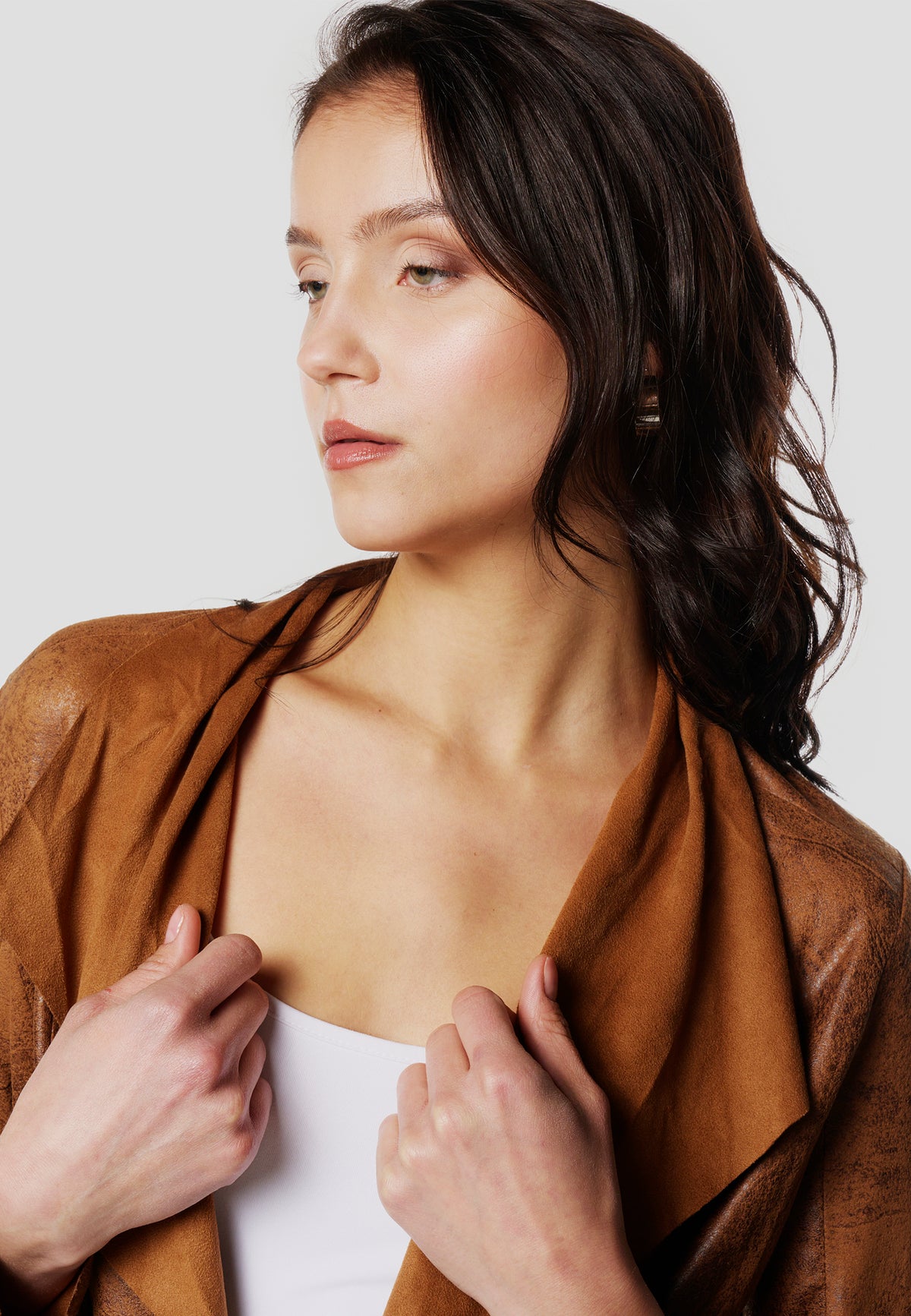 Blouson ouvert effet cuir femme marron manches longues col cascade - Koroshi 2612JA16