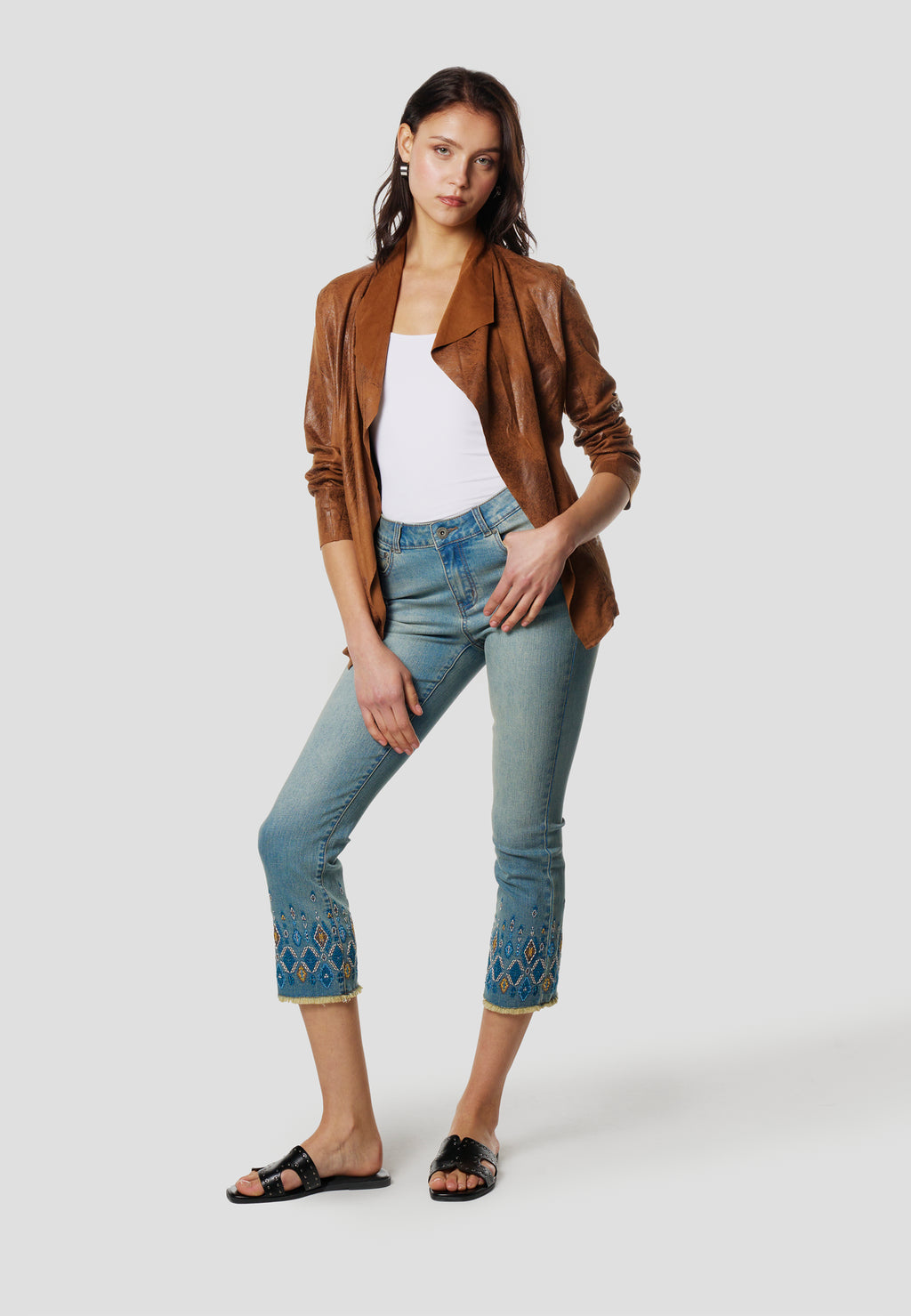 Blouson ouvert effet cuir femme marron manches longues col cascade - Koroshi 2612JA16