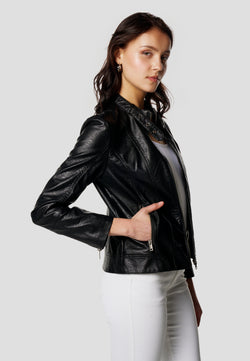 Black women's long sleeve mandarin collar leather effect biker jacket - Koroshi 2612JA18