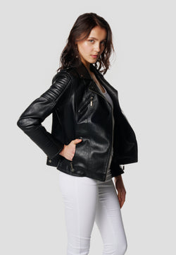 Blouson biker effet cuir zippé asymétrique manches longues femme noir - Koroshi 2612JA21