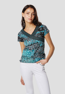 Top donna manica corta turchese stampa cachemire collo a V incrociato ricamo borchie – Koroshi