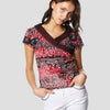 Top Mujer Manga Corta Rojo Estampado Cachemir Cuello Pico Cruzado Bordado Tachas – KOROSHI