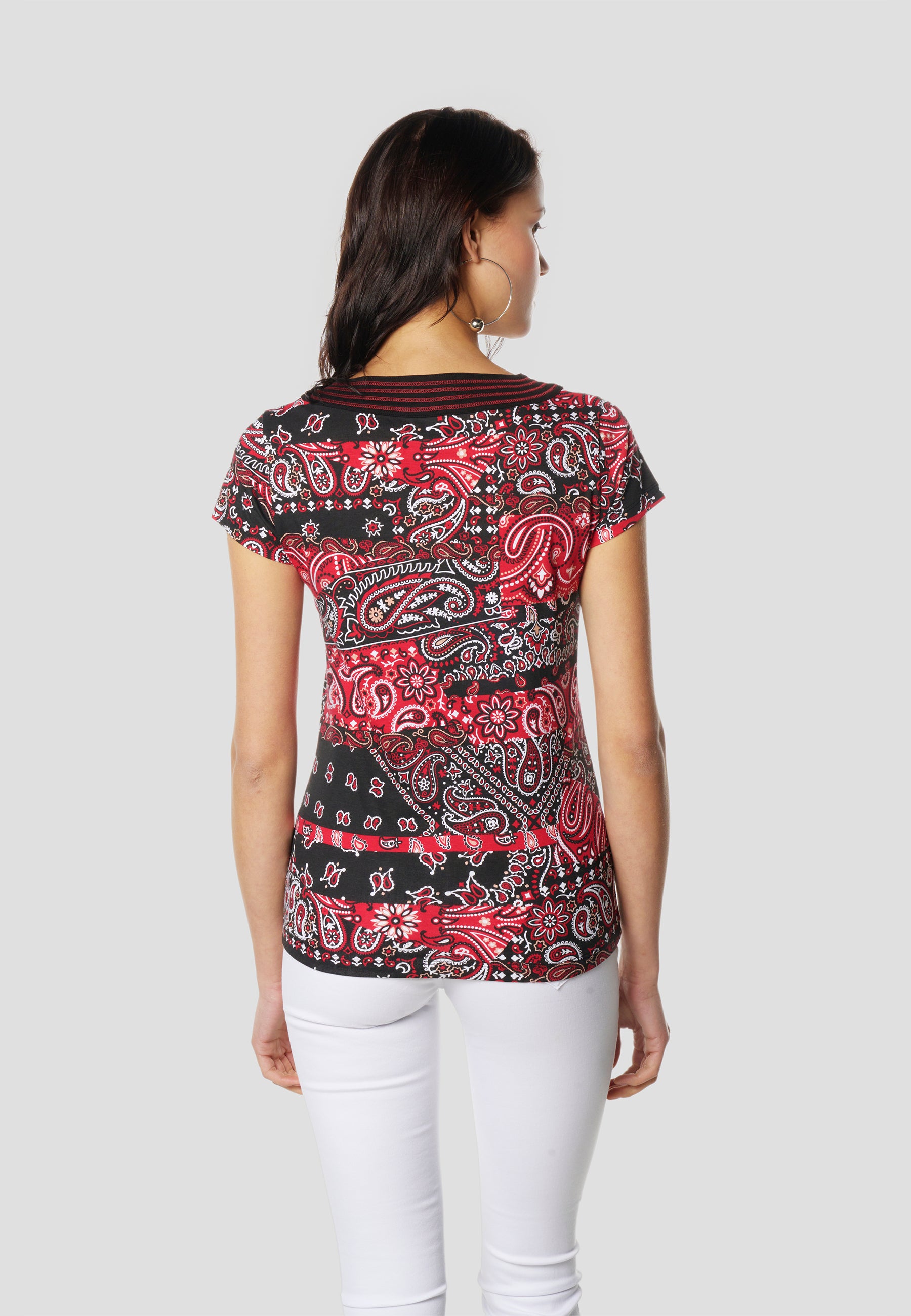 Top Mujer Manga Corta Rojo Estampado Cachemir Cuello Pico Cruzado Bordado Tachas – KOROSHI