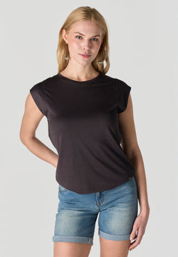 Black women's short sleeve studded neckline t-shirt - Koroshi 2612TP09