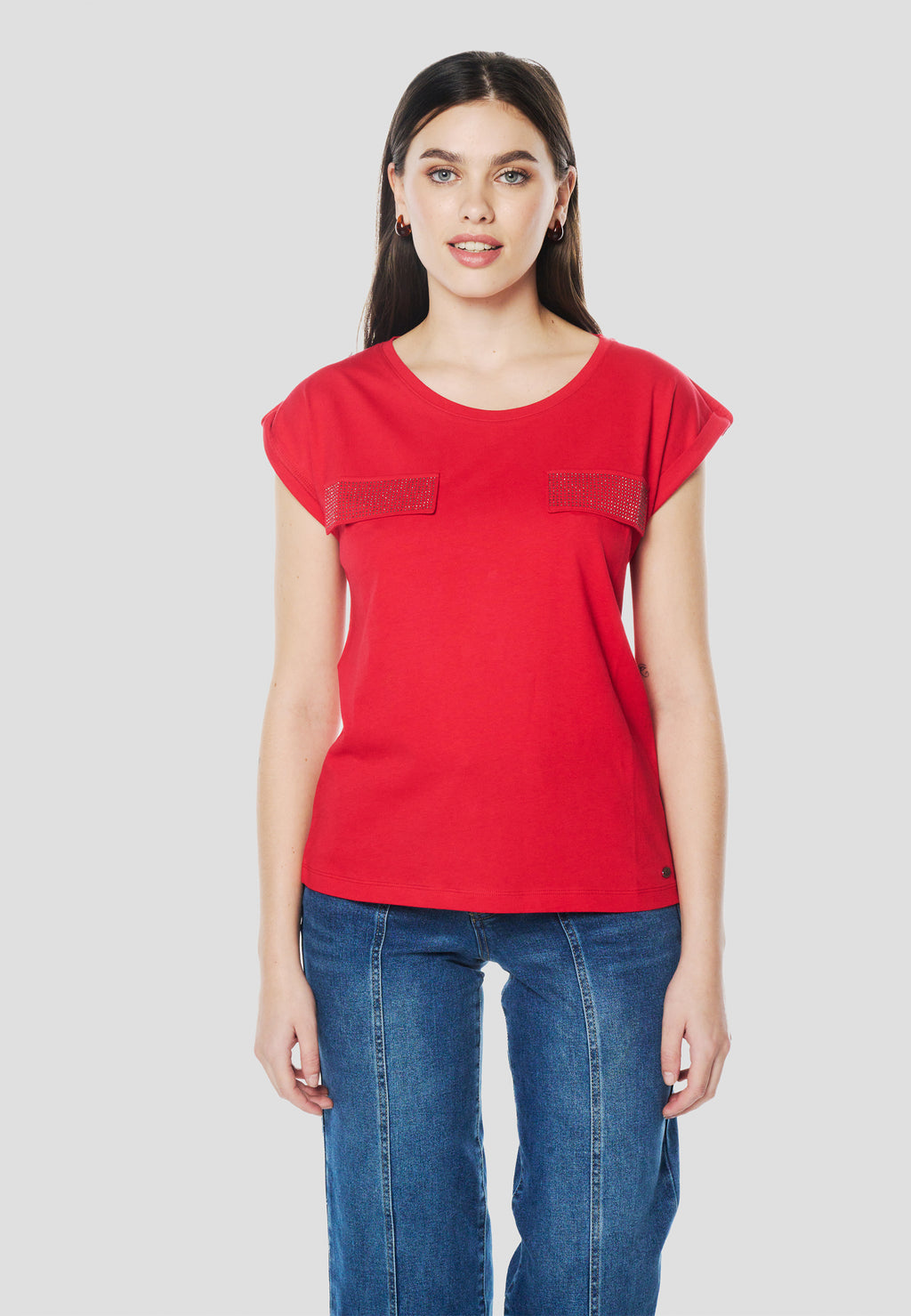 Camiseta manga corta bolsillos brillos mujer roja - Koroshi 2612TP16