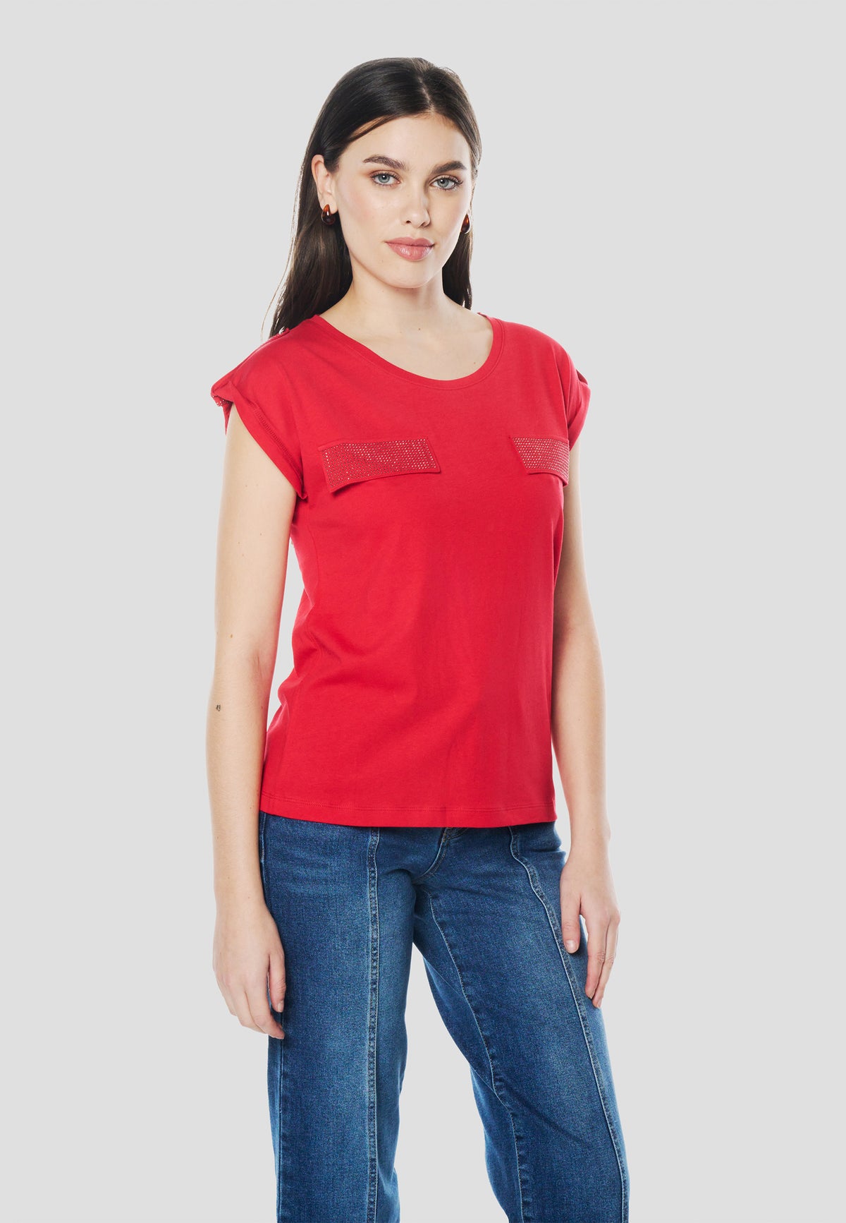 Camiseta manga corta bolsillos brillos mujer roja - Koroshi 2612TP16