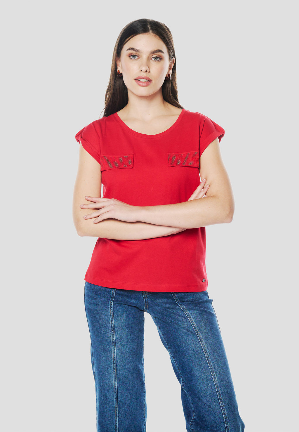 Camiseta manga corta bolsillos brillos mujer roja - Koroshi 2612TP16