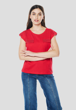 T-shirt femme rouge manches courtes avec poches brillantes - Koroshi 2612TP16